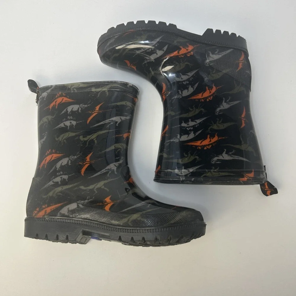 Capelli New York Boys Dinosaur‎ Rain Boots Size 3 Kids Black Orange Waterproof